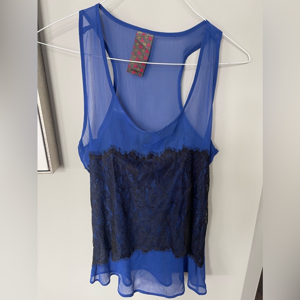 Blue Sheer Tank Top with Black Lace - Buy 2, Get 1 Free